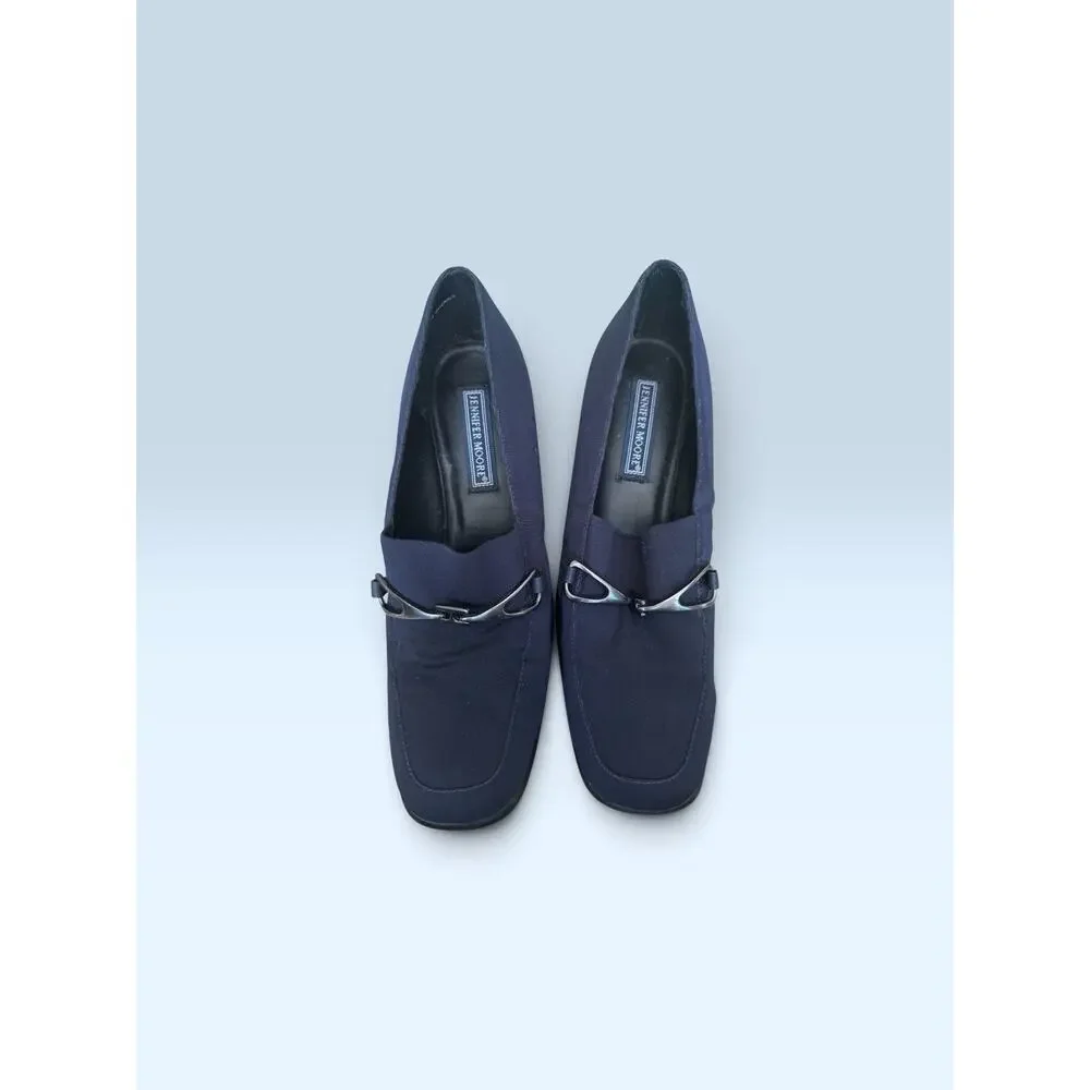 Jennifer Moore Blue Square Toe Loafer Mules Silver Bar Block Heel Size 8
